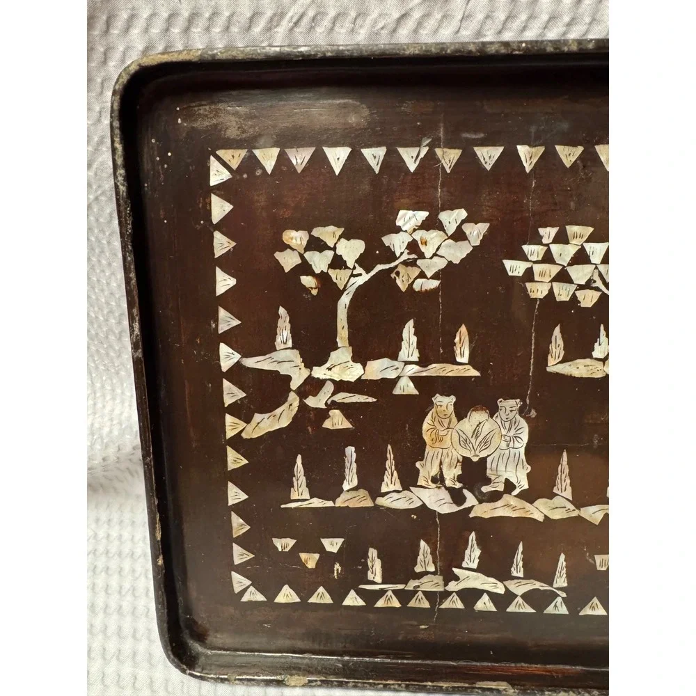 Antique Chinese Inlaid Mother of Pearl Wood Tray Tree People Figure 9.25 x 9.25